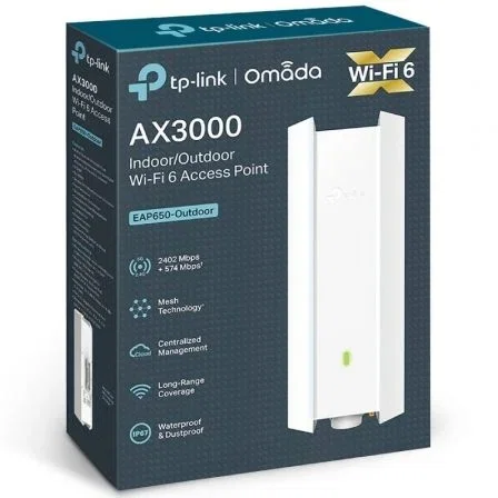 TP-Link EAP650-OUTDOOR Punto de Acceso Exterior WiFi 6 AX3000 3000 Mbps Dual-Band con PoE+, Resistencia IP67 y Gestión Omada para Interiores/Exteriores TP-Link EAP650-OUTDOOR Punto de Acceso Exterior WiFi 6 AX3000 3000 Mbps Dual-Band con PoE+, Resistencia IP67 y Gestión Omada para Interiores/Exteriores